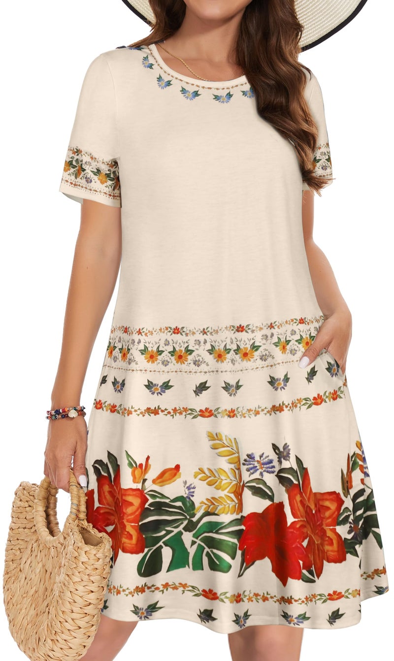 elescat Summer Dresses for Women Casual Short Sleeve Loose Beach Cover Up Scoop Neck Floral Sundress with Pockets(Apricot Flower, L) - Image 1