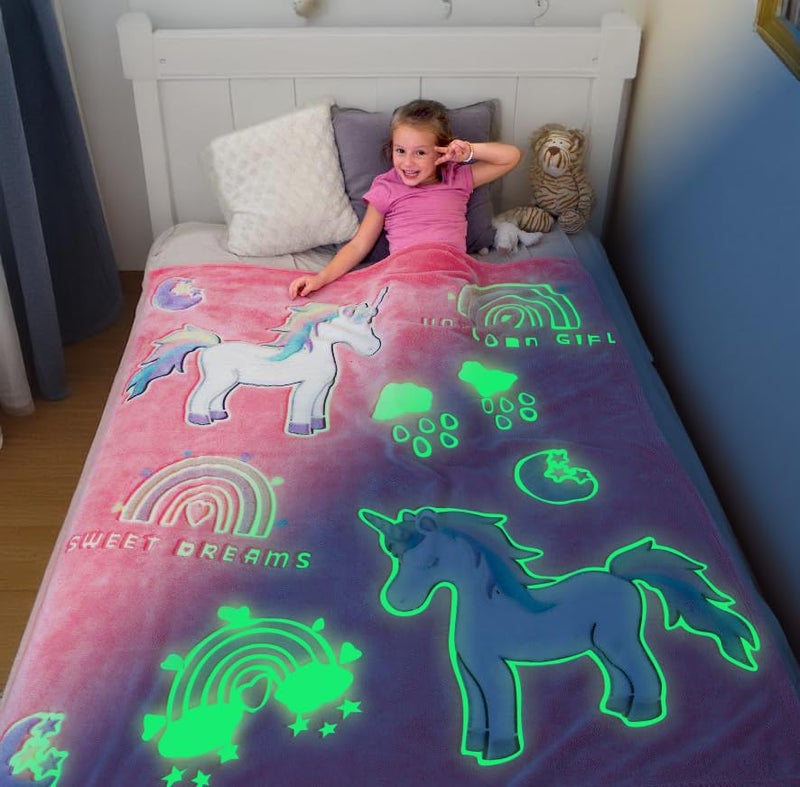 Glow in The Dark Unicorn Blanket for Girls Fluffy Pink Plush Throw Blanket Soft Cozy Fleece Kids Bedding Fuzzy Warm Snuggly Unicorn Gift Cute Decorative for Girls Bedroom Sofa Travel 50 x 60
