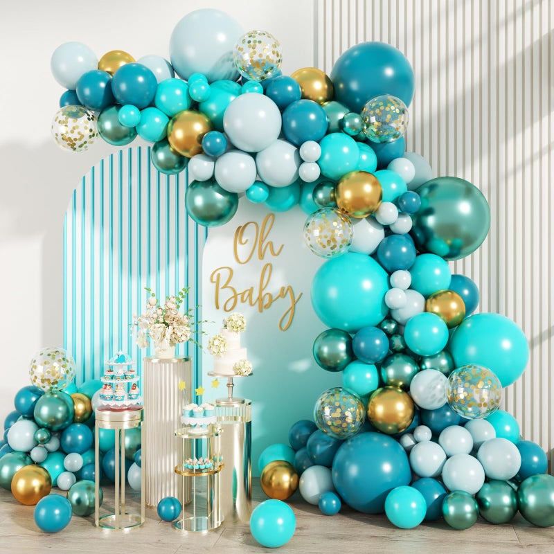 MEBAY Teal Balloons Garland Arch Kit, 147PCS Teal Blue Turquoise Green Metallic Gold Balloons with Confetti for Wedding Baby Shower Birthday Party Decorations - Image 1