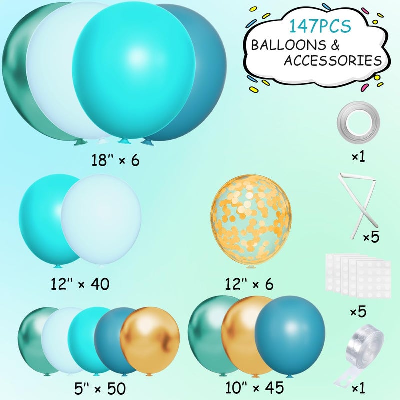 MEBAY Teal Balloons Garland Arch Kit, 147PCS Teal Blue Turquoise Green Metallic Gold Balloons with Confetti for Wedding Baby Shower Birthday Party Decorations - Image 2