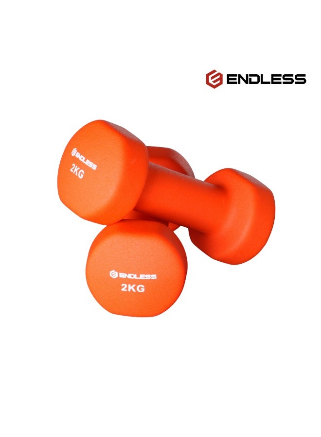 Endless Neoprene Coated Fixed Dumbbell for Gym Exercises | Pair of 2 Kg ( 2 * 4.4 LB ) | Material : Iron with Vinyl Coat | Weights for Women and Men - Image 1