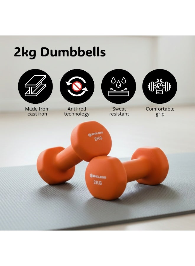 Endless Neoprene Coated Fixed Dumbbell for Gym Exercises | Pair of 2 Kg ( 2 * 4.4 LB ) | Material : Iron with Vinyl Coat | Weights for Women and Men - Image 2