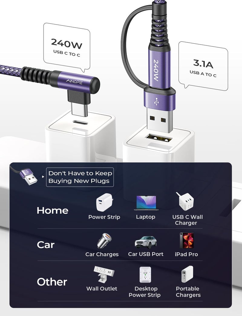 AINOPE 240W Long USB C Cable Multi 4 in 1 Charging Cable Fast Charging C Type Charger Fast Charge USB to USB C,Right Angle Fit iPhone 16 15 Pro Max iPad Samsung 10FT Purple - Image 4