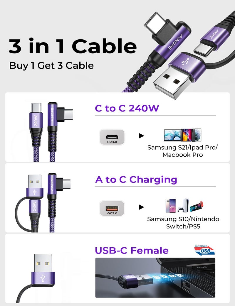 AINOPE 240W Long USB C Cable Multi 4 in 1 Charging Cable Fast Charging C Type Charger Fast Charge USB to USB C,Right Angle Fit iPhone 16 15 Pro Max iPad Samsung 10FT Purple - Image 3