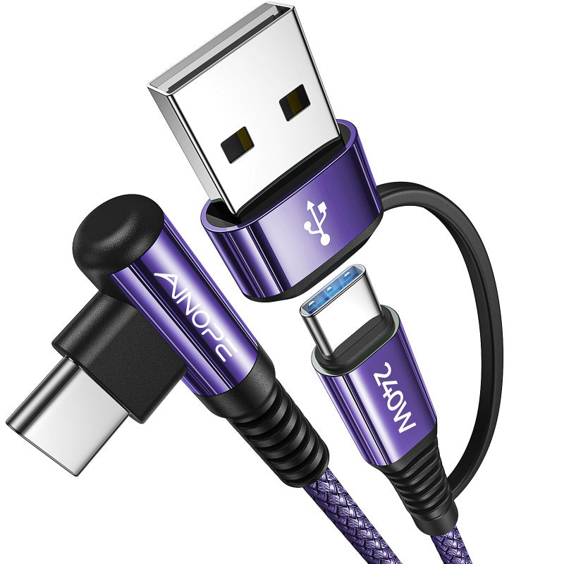 AINOPE 240W Long USB C Cable Multi 4 in 1 Charging Cable Fast Charging C Type Charger Fast Charge USB to USB C,Right Angle Fit iPhone 16 15 Pro Max iPad Samsung 10FT Purple - Image 1