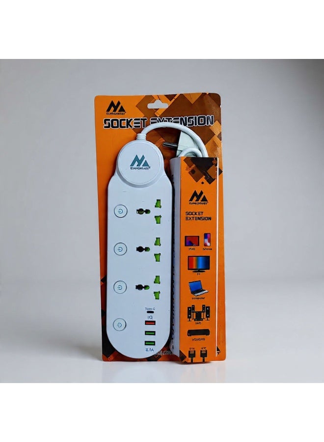 3-Socket Power Strip with 3 USB Ports + Type-C Port – White Color with Individual Switches & Safety Fuse – Vacuum Card Pack