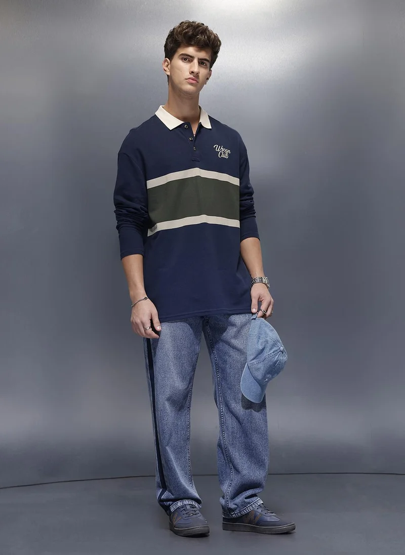 روجن Classic Oversized Full Sleeves Polo T-Shirt  | Navy Blue