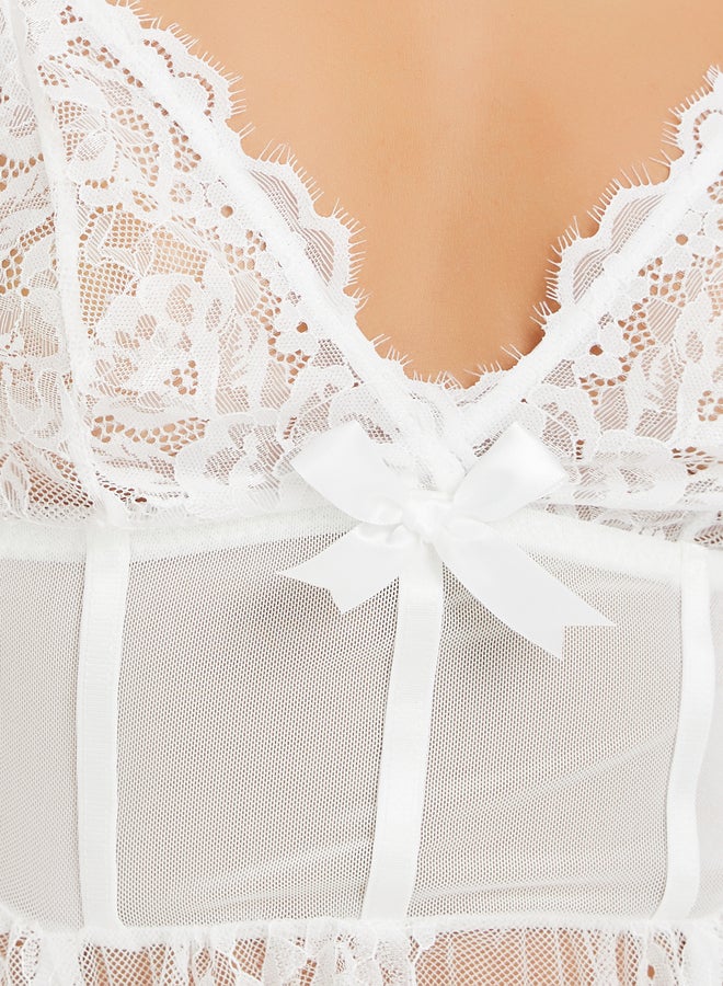 Styli Floral Mesh Chain Strap Scalloped Hem Babydoll with Briefs - Image 3