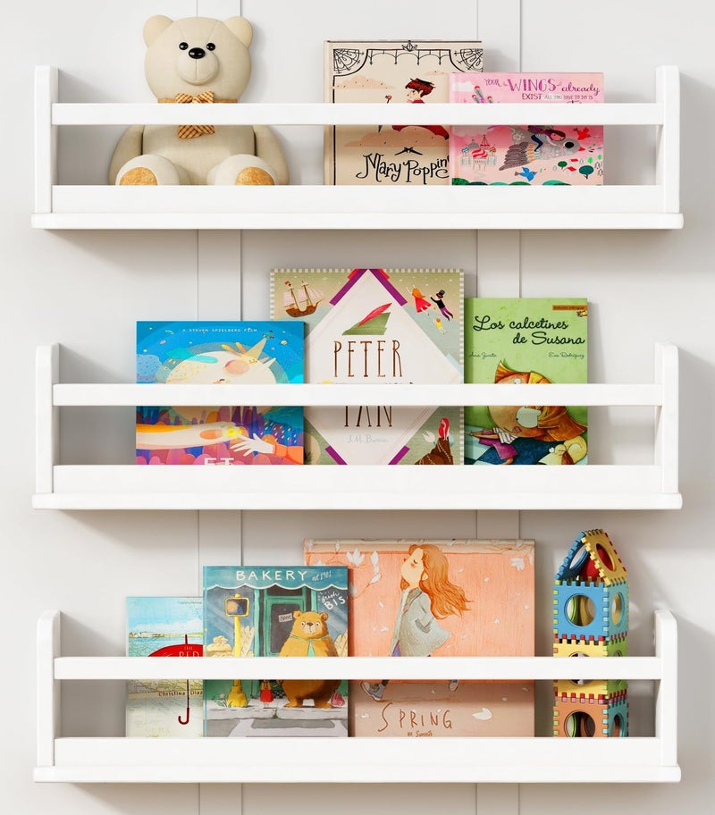 Harwaya White Wall Bookshelf for Kids Room, 24 Inch Toddler Nursery Bookshelf Wall Mounted for Baby Boy Girl Bedroom, Floating Childrens Book Shelves with Hanging Rod for Books - Set of 3 - Image 1