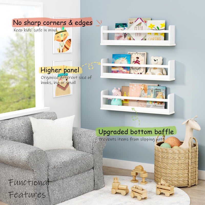 Harwaya White Wall Bookshelf for Kids Room, 24 Inch Toddler Nursery Bookshelf Wall Mounted for Baby Boy Girl Bedroom, Floating Childrens Book Shelves with Hanging Rod for Books - Set of 3 - Image 2