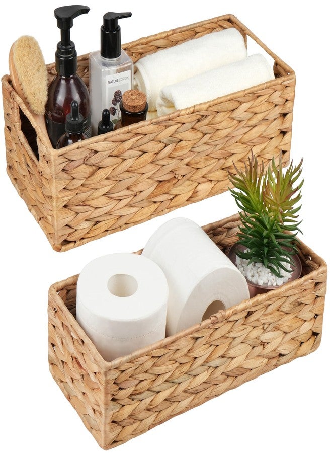 LotFancy Bathroom Basket, 2 Pack Water Hyacinth Toilet Paper Basket, Hand Woven Back of Toilet Organizer for Toilet Tank Top Countertop, Wicker Baskets for Shelves - Image 1