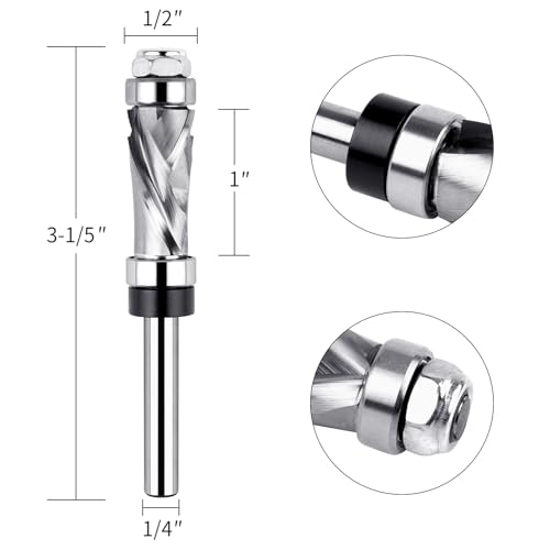 EANOSIC Carbide Compression Flush Trim Router Bit 14 Shank with Top Bottom Bearing Pattern Template Flush Cut Spiral Router Bit 12 Cutting Diameter for Wood Trimming - Image 3