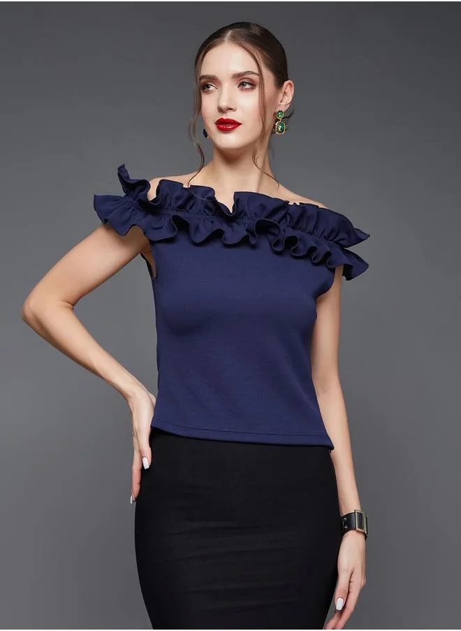 مس تشايس Ruffled Detail Top with Bardot Neck by Styli