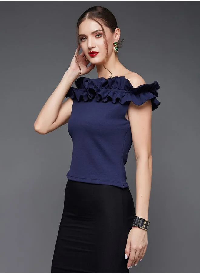 مس تشايس Ruffled Detail Top with Bardot Neck by Styli