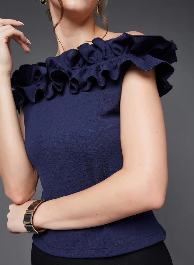 Miss Chase  Ruffled Detail Top with Bardot Neck for Women | Best Price UAE