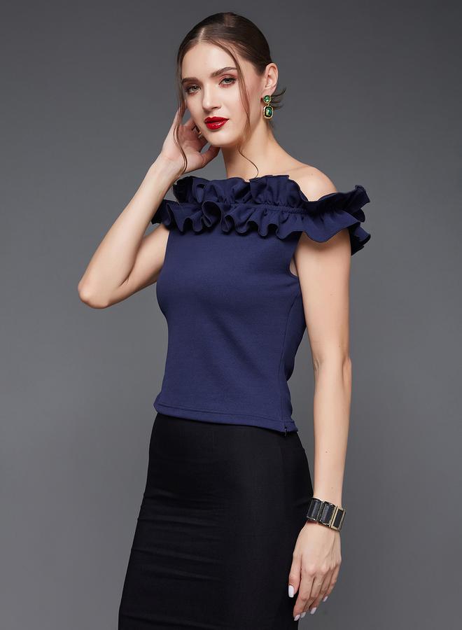 Miss Chase Ruffled Detail Top with Bardot Neck - Image 1