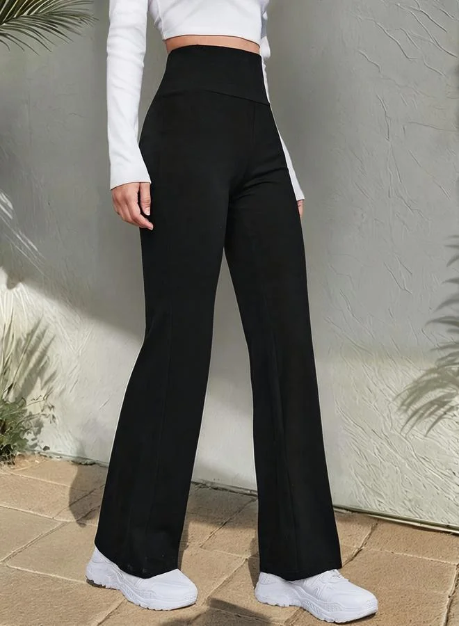 Take Two Black Solid Wide Waistband Casual Pants