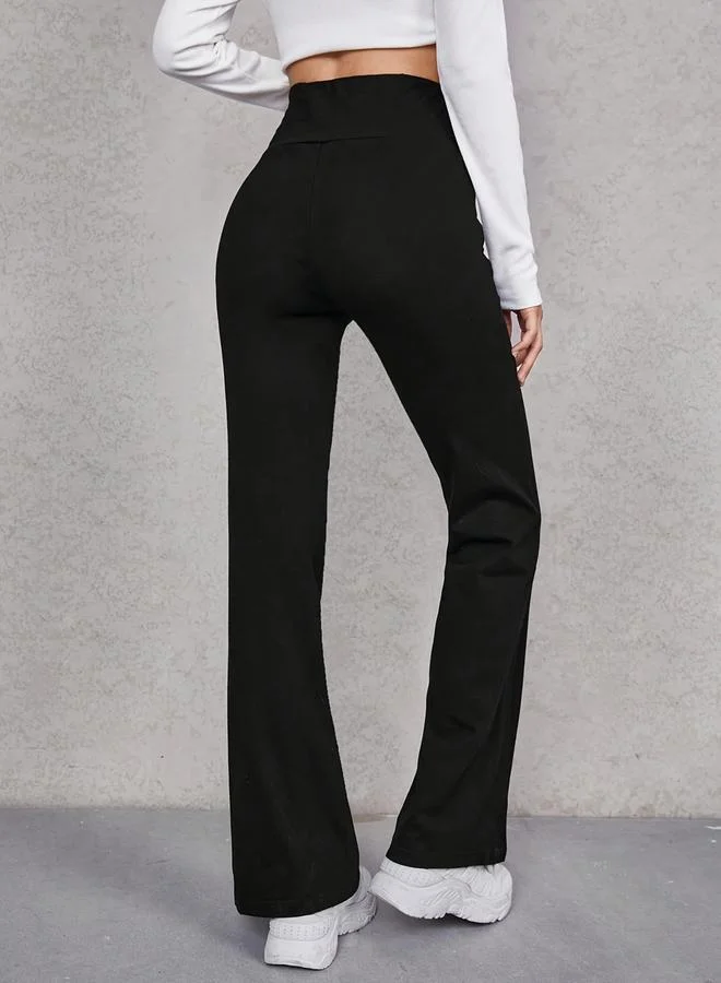Take Two Black Solid Wide Waistband Casual Pants