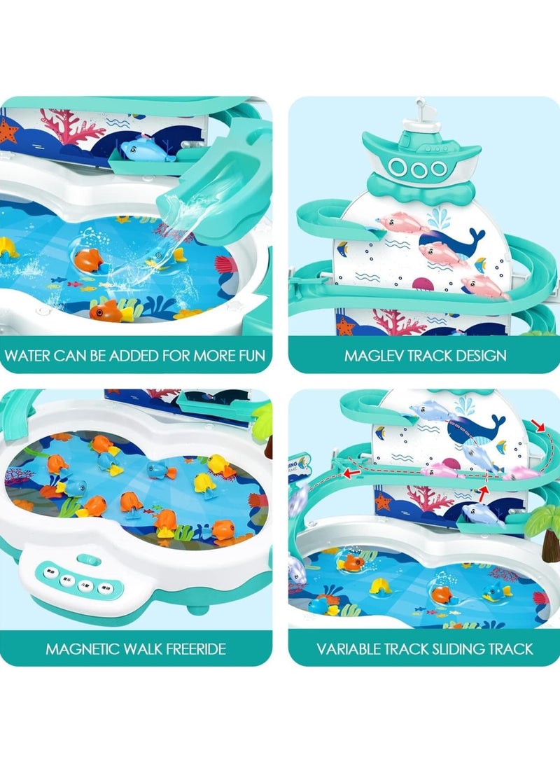 VUCATIN Magnetic Baby Fishing Toy Set 3 in 1 Fishing Game for Toddlers & Kids with Slideway & Music Story 20 Fish 6 Dolphins 2 Toy Fishing Poles Learning Educational Toys Sound Effect Toy (Green) - Image 3