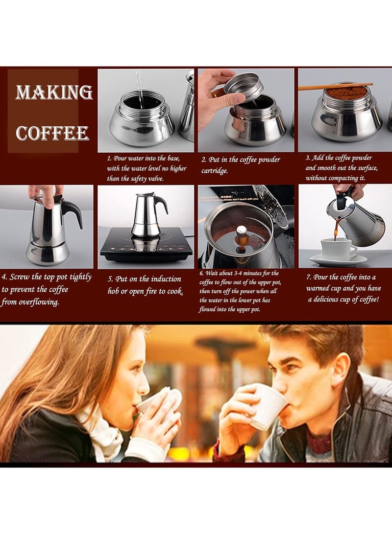 6 Cup Stainless Steel Espresso Maker, Stovetop Espresso Maker, Coffee Maker, Moka Pot, Classic Cafe Maker, suitable for induction cookers  - Image 4