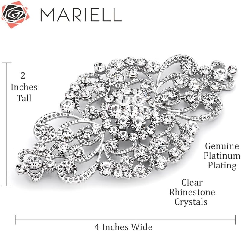 Mariell Vintage Bridal Crystal Brooch Pin, 4" Wide, Antique Silver Wedding Pin, Rhinestone Brooch for Brides and Wedding, Art Deco Fashion Accessory - Image 5