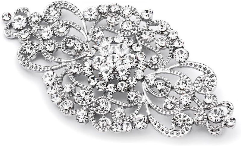 Mariell Vintage Bridal Crystal Brooch Pin, 4" Wide, Antique Silver Wedding Pin, Rhinestone Brooch for Brides and Wedding, Art Deco Fashion Accessory - Image 1