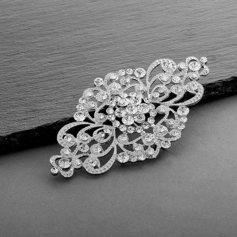 Mariell Vintage Bridal Crystal Brooch Pin, 4" Wide, Antique Silver Wedding Pin, Rhinestone Brooch for Brides and Wedding, Art Deco Fashion Accessory - Image 3