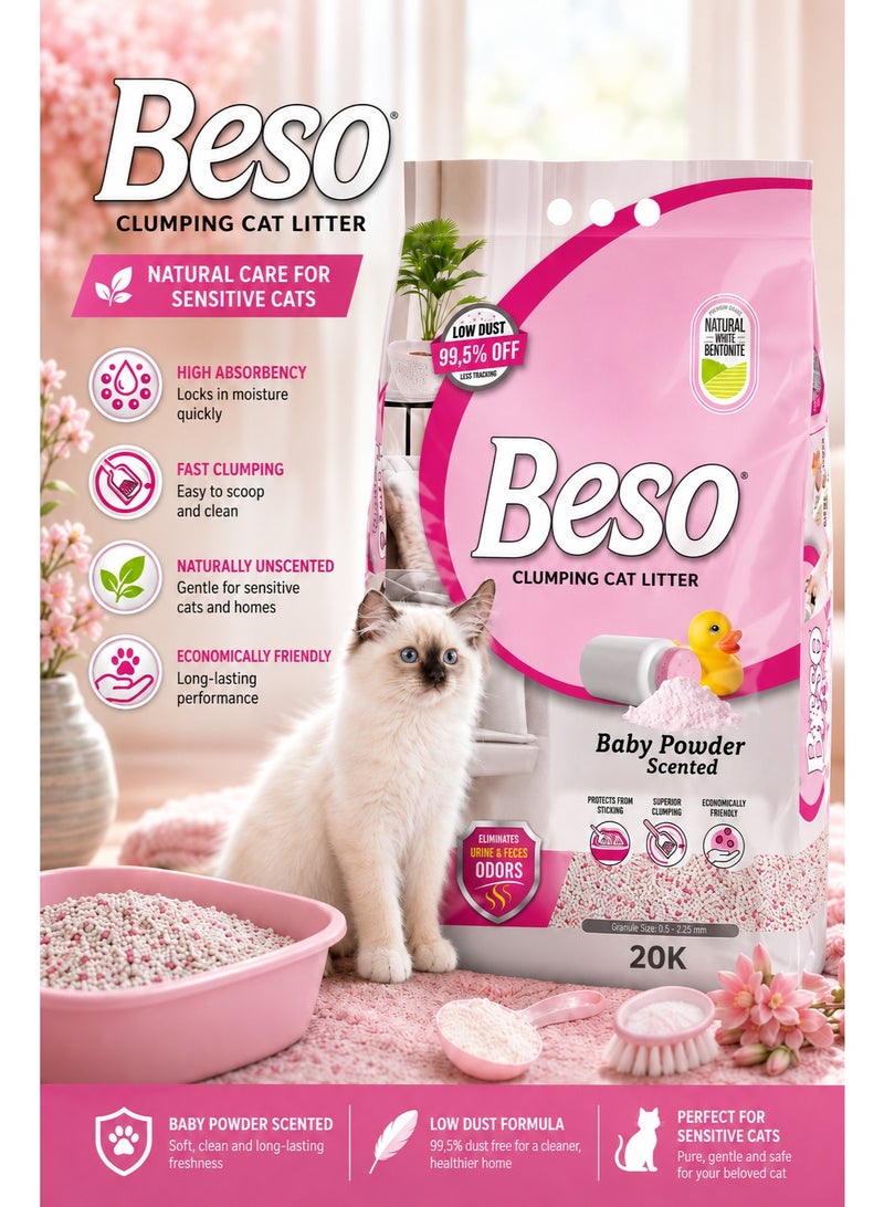 Premium Baby Powder Scented Clumping Cat Litter 20KG Bag, Natural White Bentonite with 99.5% Low Dust Formula for Gentle Fragrance and Superior Clumping