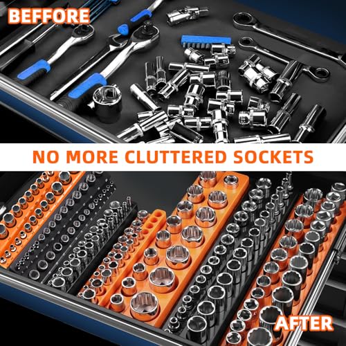 Onsski Magnetic Socket Organizer Holder Set – 8-Piece Tool Organizers Including 1/4", 3/8" and 1/2" Drive Socket Holder Metric & SAE 207 Pieces Socket Trays (Sockets are not Included) - Image 3