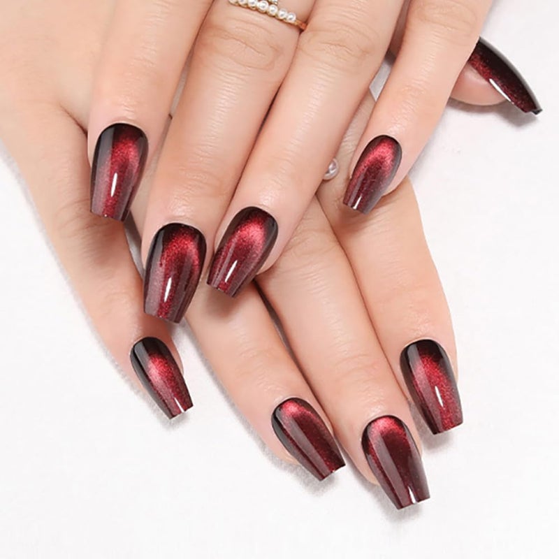 evpct Deep Burgundy Red Cat Eye Press on Nails Square Medium Coffin, Medium Square Stick on Nails for Women Gift, Dark Red Metallic Glitter Glossy Reusable Spring Summer Gel Press on Acrylic Fake Nail - Image 1