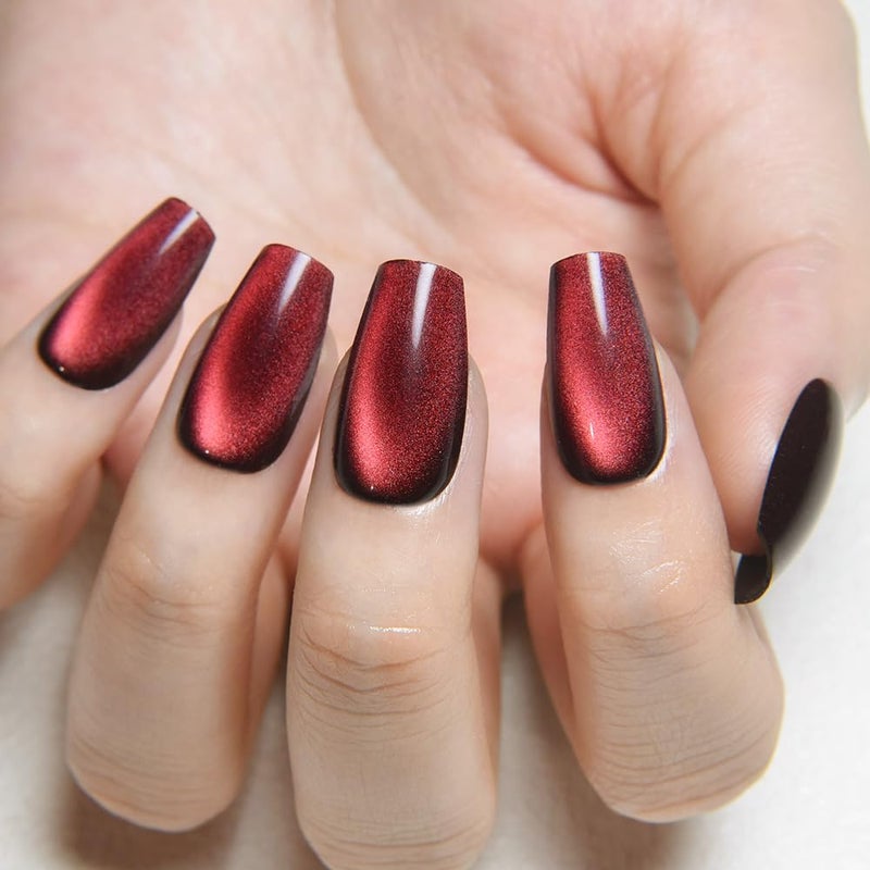 evpct Deep Burgundy Red Cat Eye Press on Nails Square Medium Coffin, Medium Square Stick on Nails for Women Gift, Dark Red Metallic Glitter Glossy Reusable Spring Summer Gel Press on Acrylic Fake Nail - Image 3