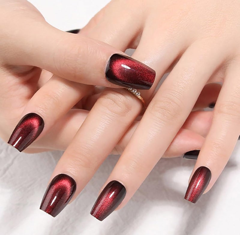 evpct Deep Burgundy Red Cat Eye Press on Nails Square Medium Coffin, Medium Square Stick on Nails for Women Gift, Dark Red Metallic Glitter Glossy Reusable Spring Summer Gel Press on Acrylic Fake Nail - Image 4