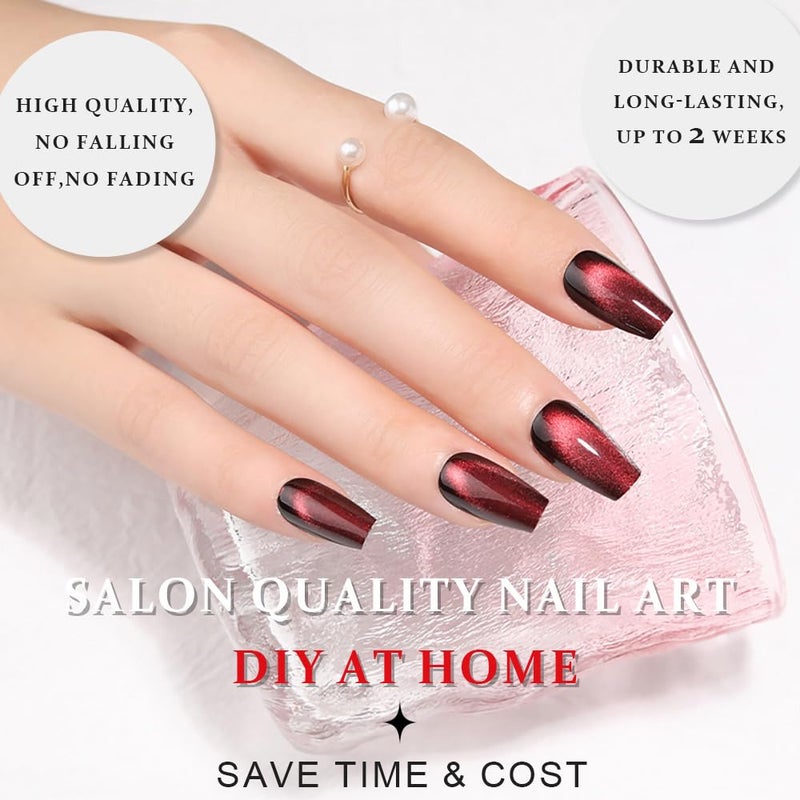 evpct Deep Burgundy Red Cat Eye Press on Nails Square Medium Coffin, Medium Square Stick on Nails for Women Gift, Dark Red Metallic Glitter Glossy Reusable Spring Summer Gel Press on Acrylic Fake Nail - Image 5
