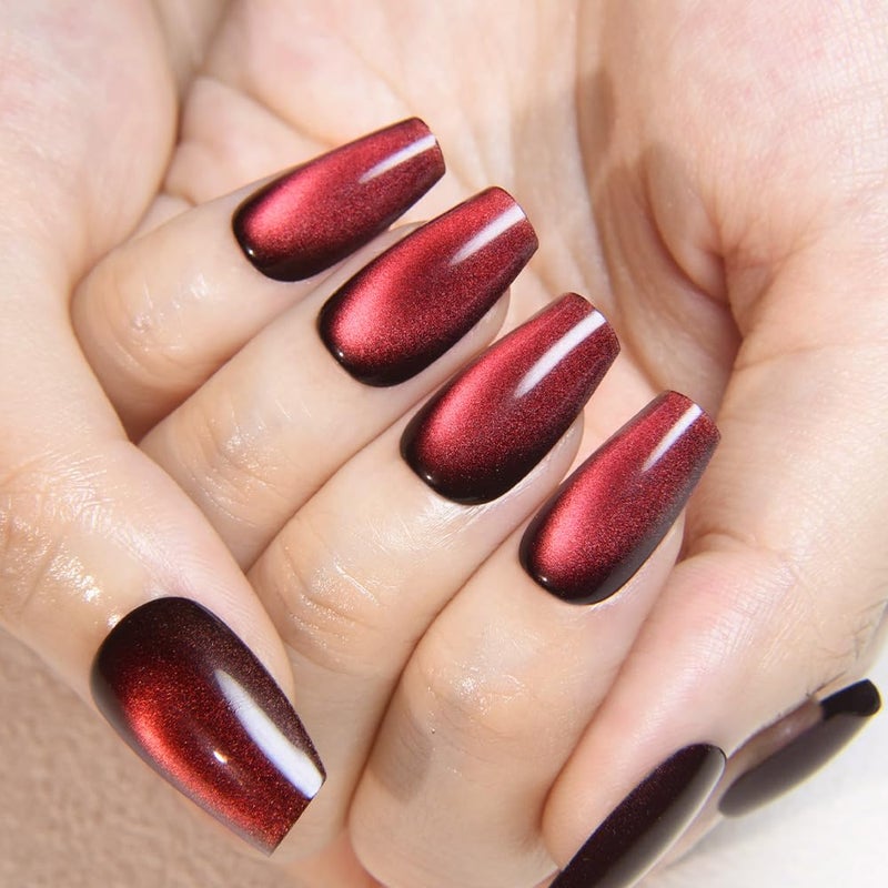 evpct Deep Burgundy Red Cat Eye Press on Nails Square Medium Coffin, Medium Square Stick on Nails for Women Gift, Dark Red Metallic Glitter Glossy Reusable Spring Summer Gel Press on Acrylic Fake Nail - Image 2