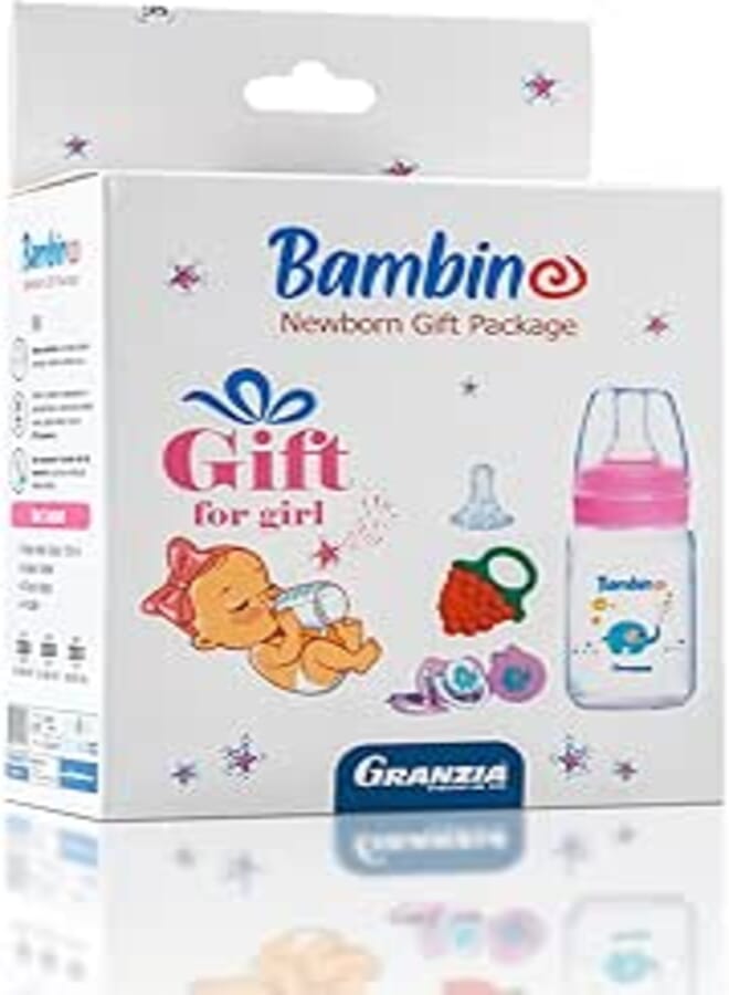 Granzia Bambino New Born Gift Package Rose Color (Classic Feeding Bootle 150 ML, Spare Nipple, Grape Shaped Teether & Pacifier With Chain) (4 Pieces)
