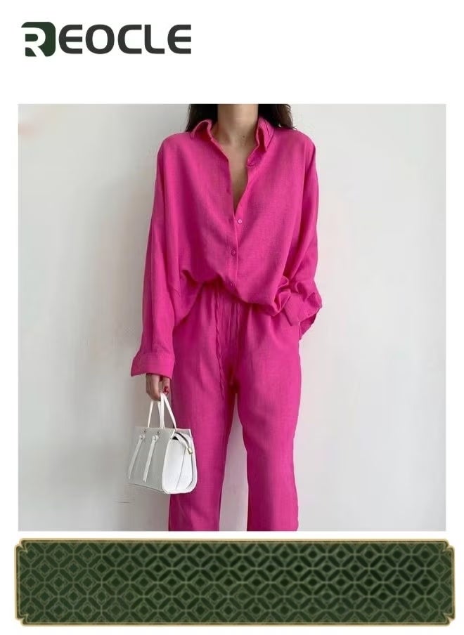 REOCLE Women's 2 Piece Outfit Linen Long Sleeve Button Down Shirt & Pleated Wide Leg Pants Loungewear Sets Streetwear - Image 1