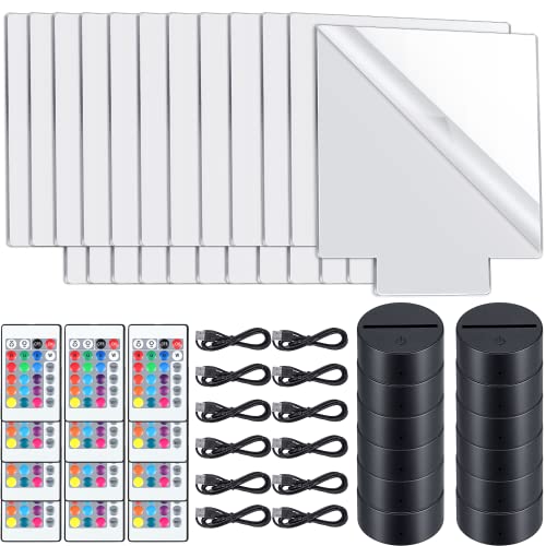 Riakrum 12 Pieces LED Light Base with Clear Acrylic Sheet 3D Night LED Lamp Display Base 16 Colors and 4 Modes Remote Control USB Cable for DIY Craft Room Bar Gift Lamp Light Set (Square Sheet) - Image 1
