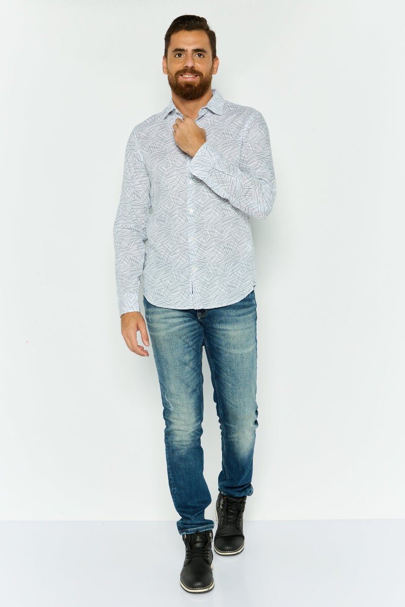 PERRY ELLIS قميص رجالي عادي بأكمام طويلة مطبوع، أبيض - Image 3