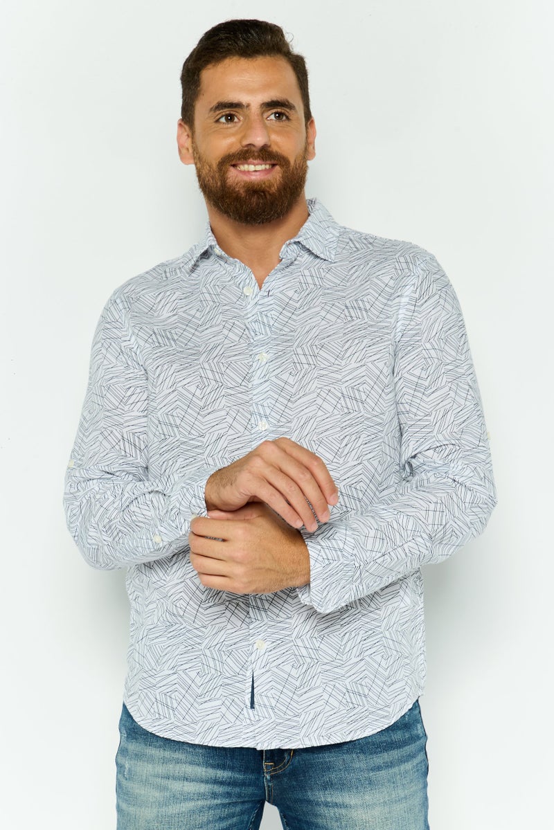 PERRY ELLIS قميص رجالي عادي بأكمام طويلة مطبوع، أبيض - Image 1