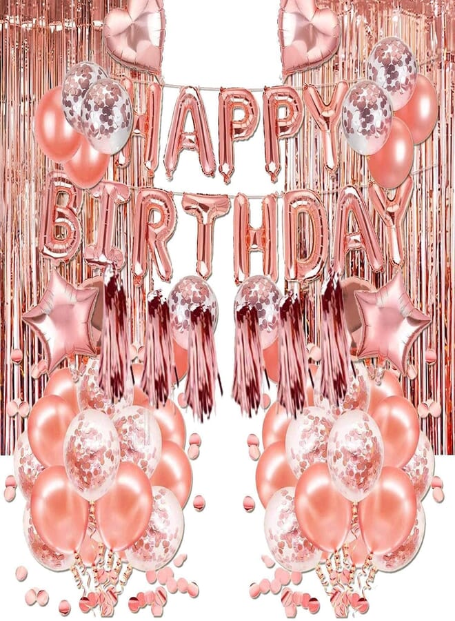 Secret Rose Gold Birthday Party Decoration, Happy Birthday Banner Rose Gold Fringe Curtain Foil Confetti Balloons