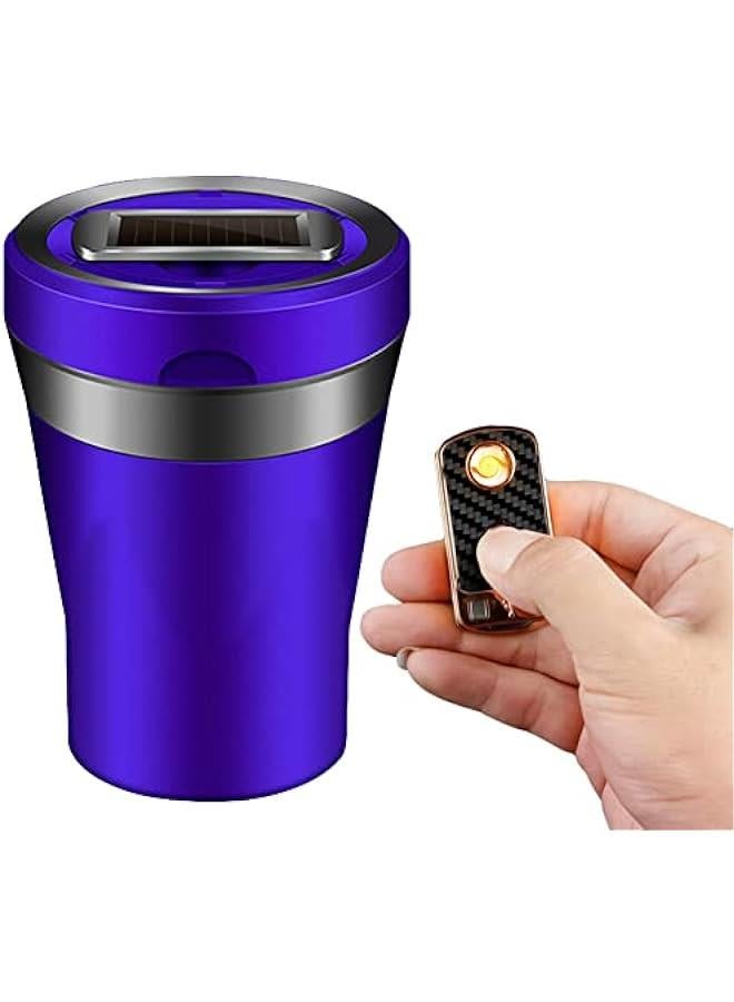 Detachable Ceramic Car Ashtray with Lid, Blue LED Light, Removable Solar and USB Dual Charging Lighter for Car Cup Holder (Purple) - Image 1