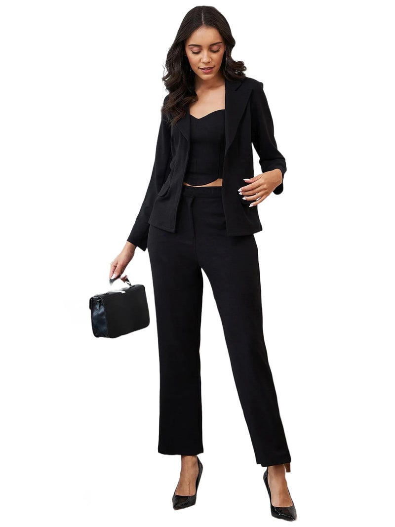 Florely Women's Lycra Solid Three Piece Outfits Blazer Co-Ord Set Women Outdoor Wear Maxi Dress Crop top Party Dress Stylish Latest Dresses (Medium, Black) - Image 1