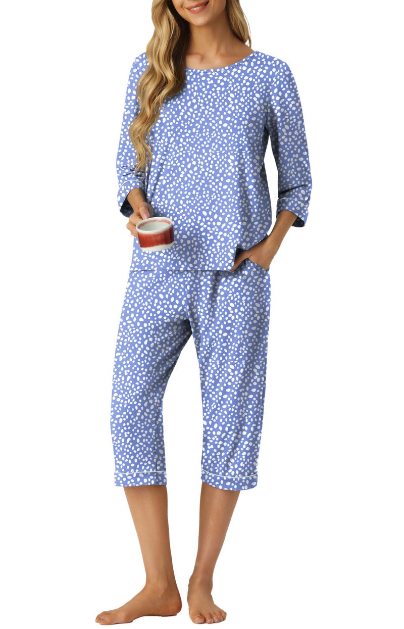 PrinStory Women's Pajama Set Capri Pjs Sets 2 Piece Soft Lounge Sets Sleepwear with Pockets Spot Blue-2XL - Image 1