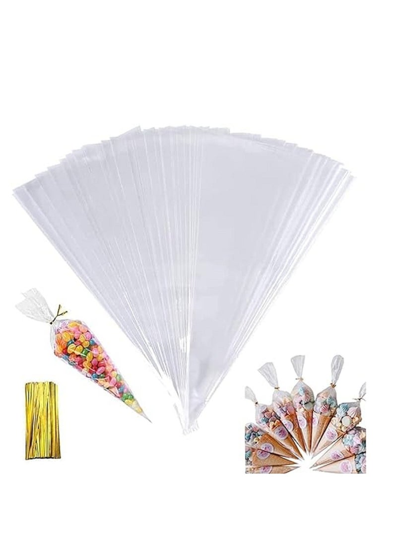 200Pcs Clear Triangle Treat BagsSmall Cone Shaped Bags with Ties,  (5.1" X 9.8")  - Image 1
