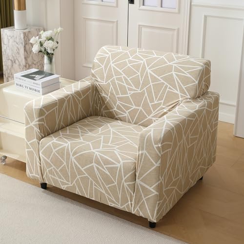 HOKIPO 'Elira Series' Polyester Blend 140Gsm Stretchable Sofa Cover for 2 Seater Sofa, Beige Abstract Geometry (AR-4946-C3) - Image 1