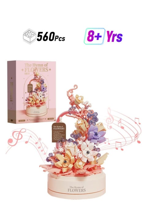 Flower Building Set with Music Box Base & LED, Ideal Flower Building Blocks Toy Gift for 8+ Girls, Mini Building Blocks 560 pcs