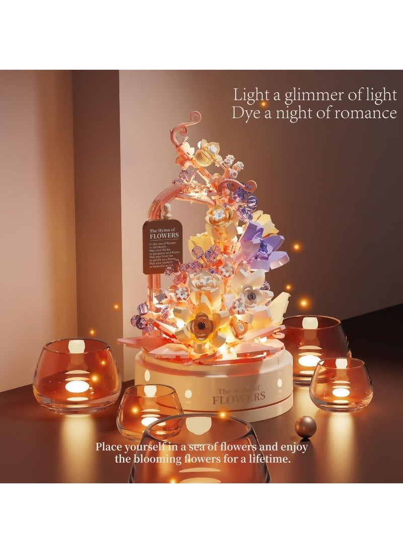 Flower Building Set with Music Box Base & LED, Ideal Flower Building Blocks Toy Gift for 8+ Girls, Mini Building Blocks 560 pcs
