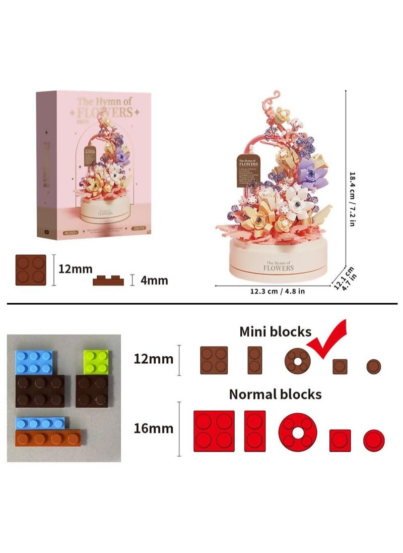 Flower Building Set with Music Box Base & LED, Ideal Flower Building Blocks Toy Gift for 8+ Girls, Mini Building Blocks 560 pcs