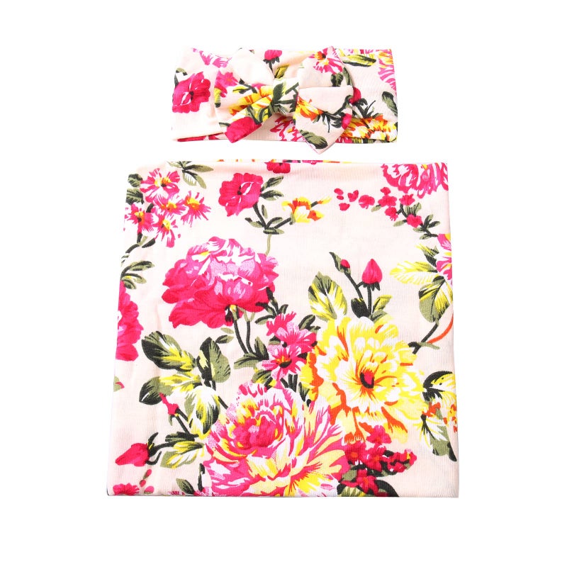 Galabloomer Newborn Receiving Blanket Headband Set Flower Print Baby Swaddle Blankets (ivory flower) - Image 3