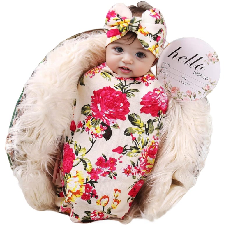 Galabloomer Newborn Receiving Blanket Headband Set Flower Print Baby Swaddle Blankets (ivory flower) - Image 1